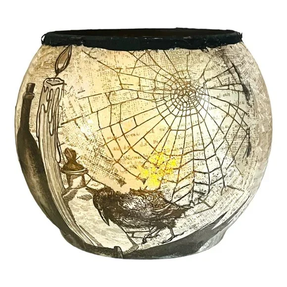 Handmade Halloween Design Glass Dome Candle Holder “Witches Cauldron” Decoupaged - Picture 9 of 13